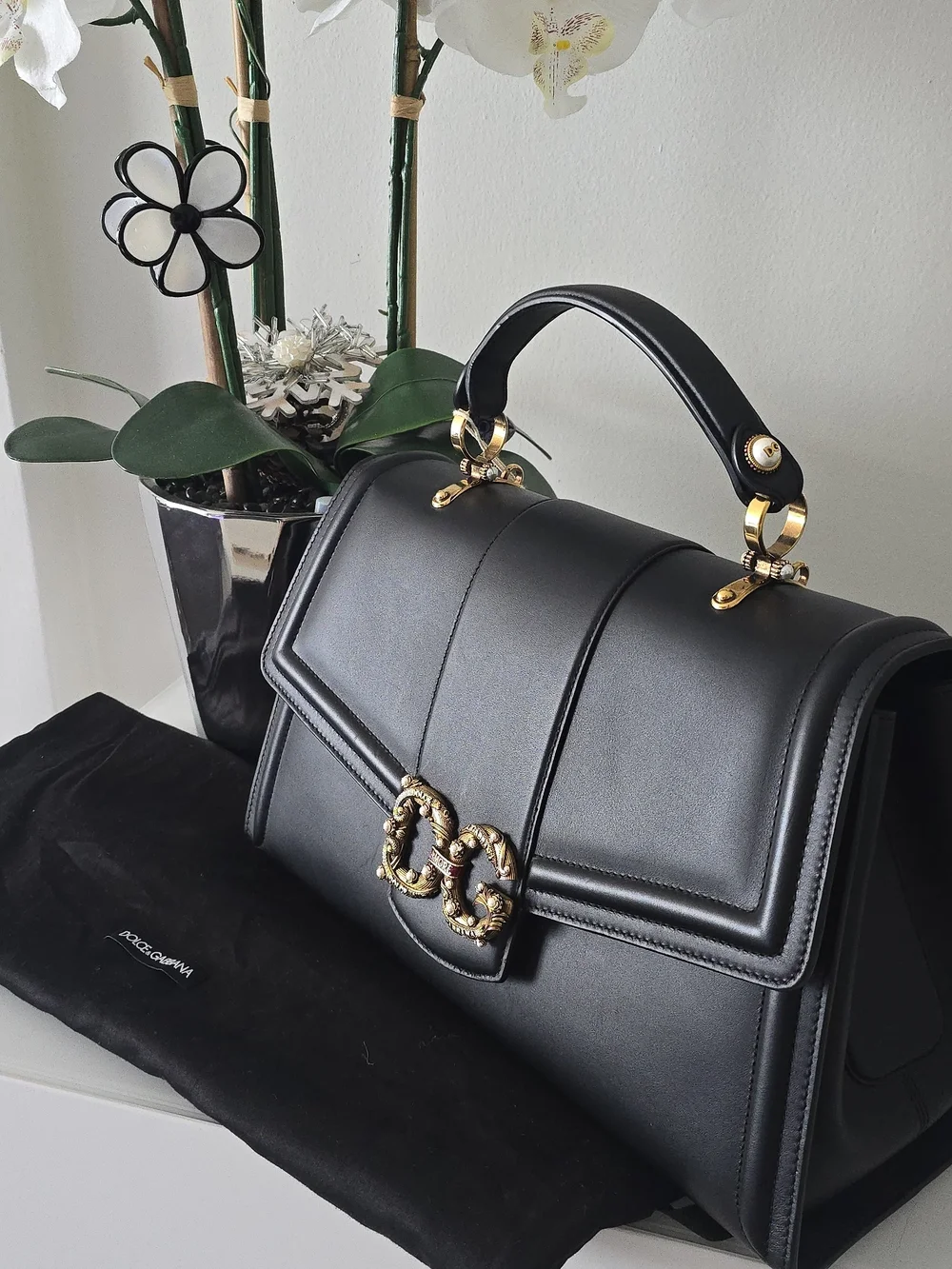 AUTH Dolce & Gabbana Amore Black Leather Top-Handle with Gold DG Logo, New